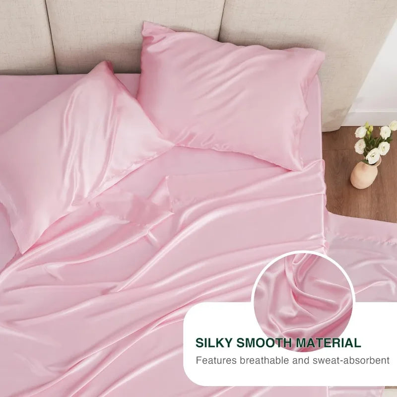 4 Piece Pink Silky Bed Sheets