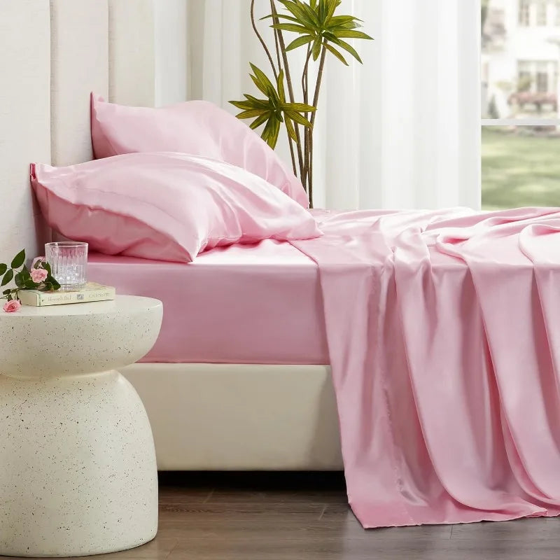 4 Piece Pink Silky Bed Sheets