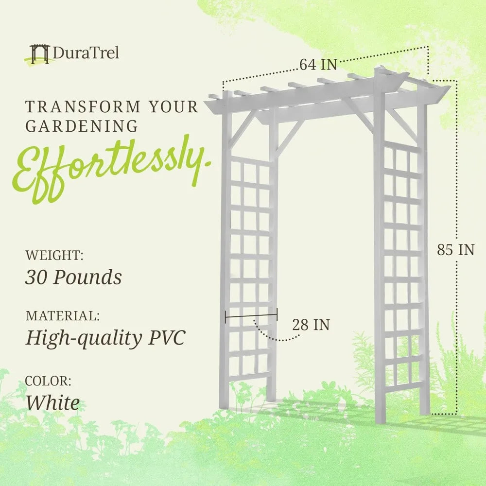 Garden Arch PVC Patio 64 by 85 Inch, Outdoor Lattice Frame Decoration or Trellis for Climbing Plants, White