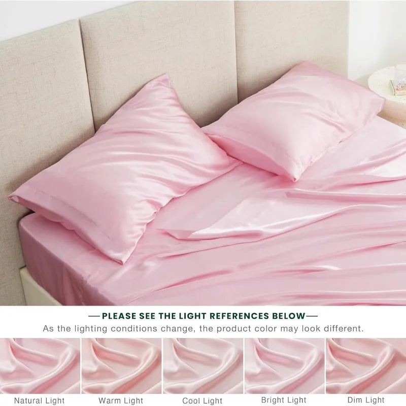 4 Piece Pink Silky Bed Sheets