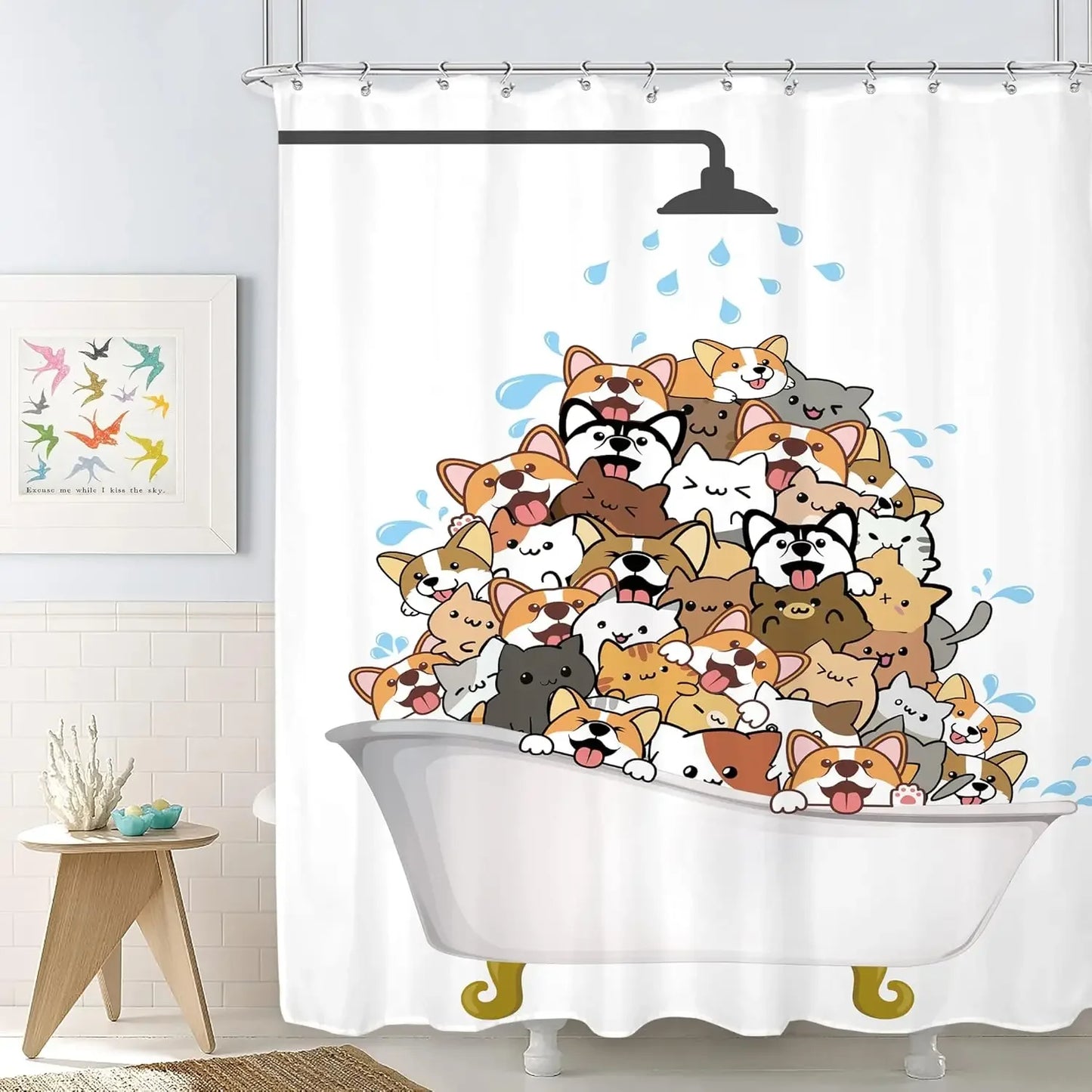 Funny Cat and Dog Shower Curtain with Hooks