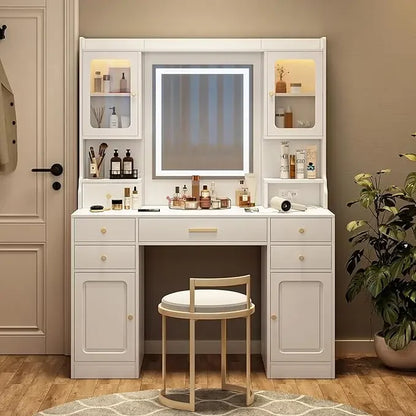Makeup Vanity Set with Mirror and Light, Storage Drawer, Chair and Shelf, Adjustable Brightness Makeup Vanity with Light