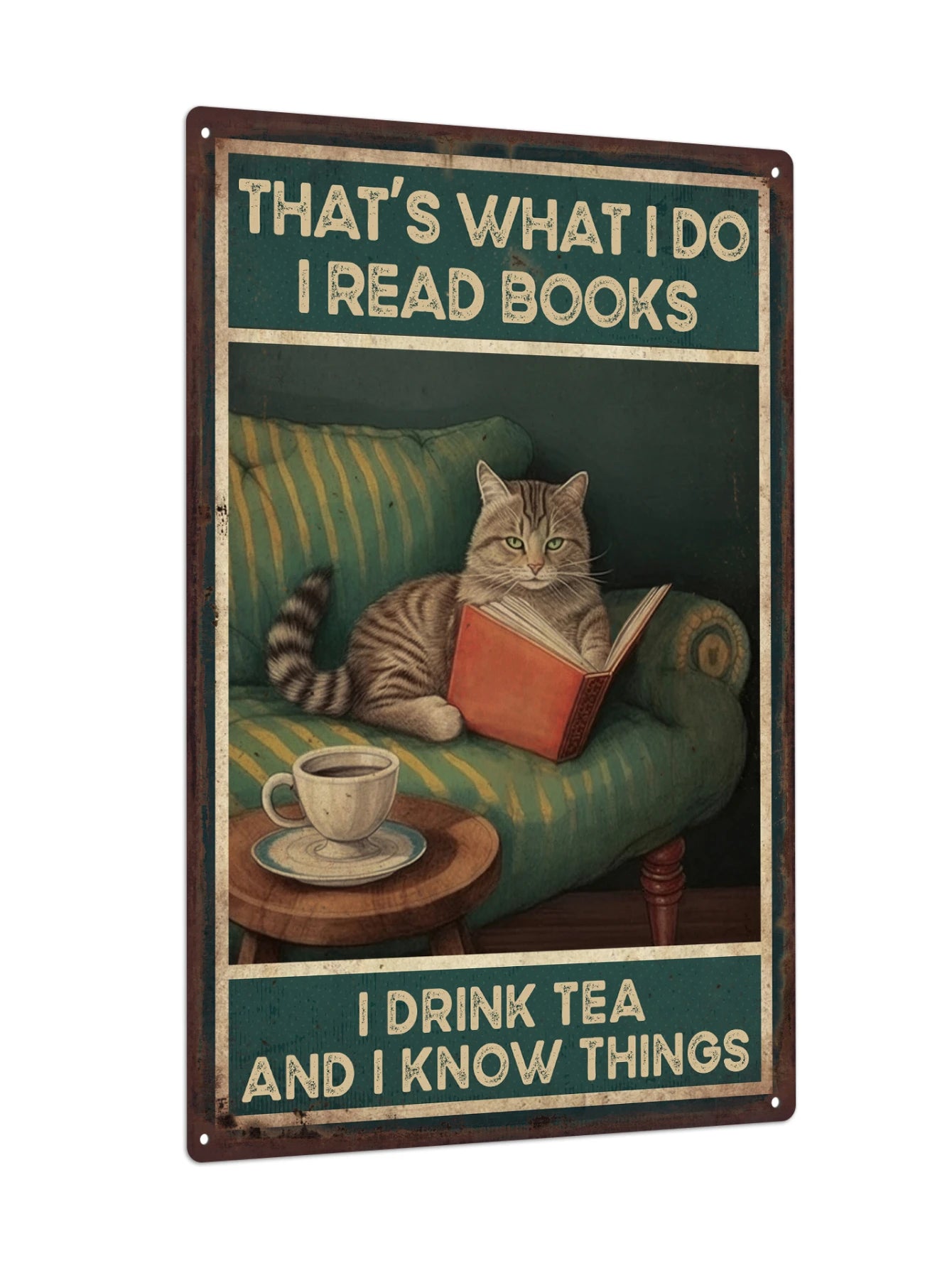 Putuo Decor 1pc Cat Metal Plaque, Retro Wall for Home Bedroom Study Wall Decor 7.9 X 11.8 Inches, Drink Tea