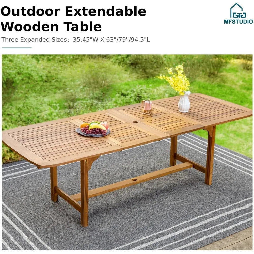 9 Pieces Wood Patio Dining Set, Teak Wooden Outdoor Dining Table Chairs Set for 8, 1 x Rectangular Expandable Table,