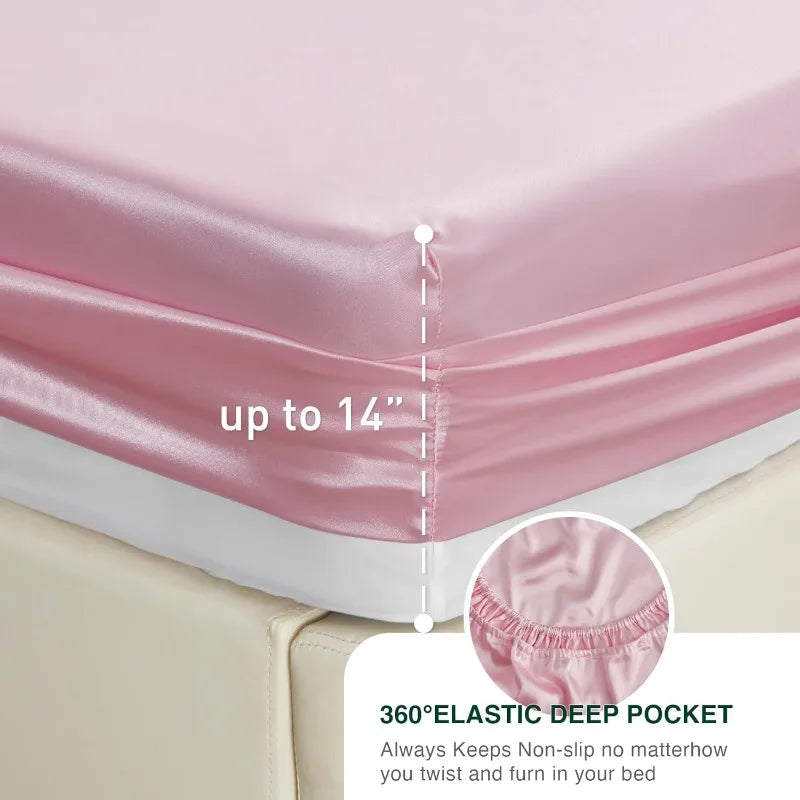 4 Piece Pink Silky Bed Sheets