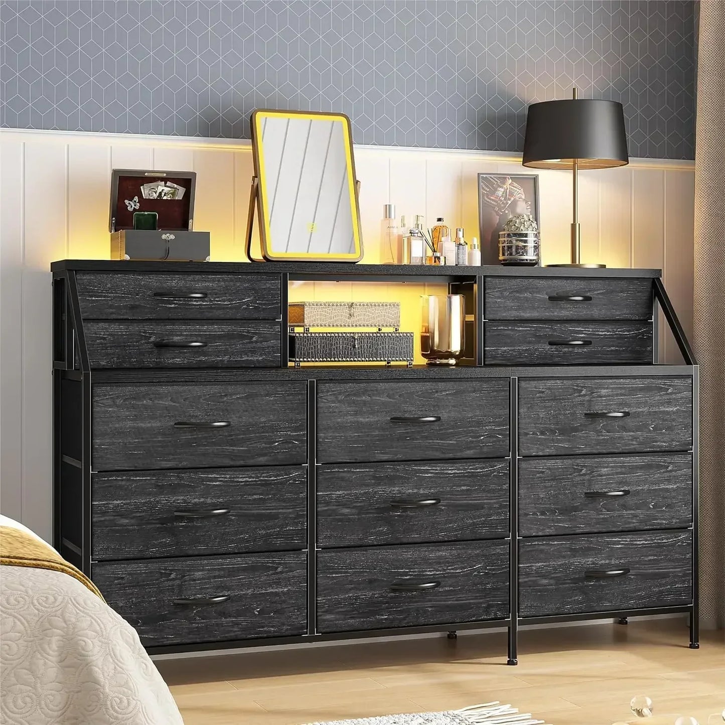 Wooden Top Metal Frame Chest of Drawers