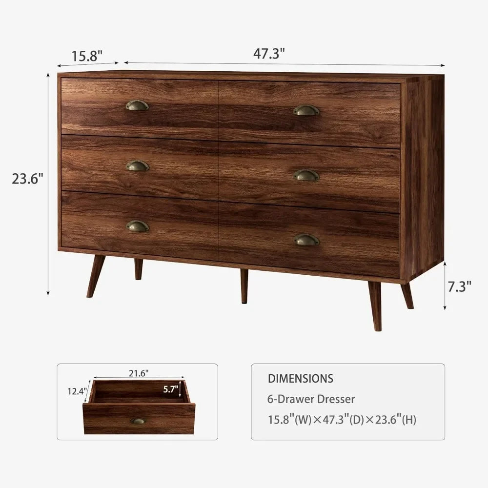 6 Drawer Dresser with Gold Metal Handles