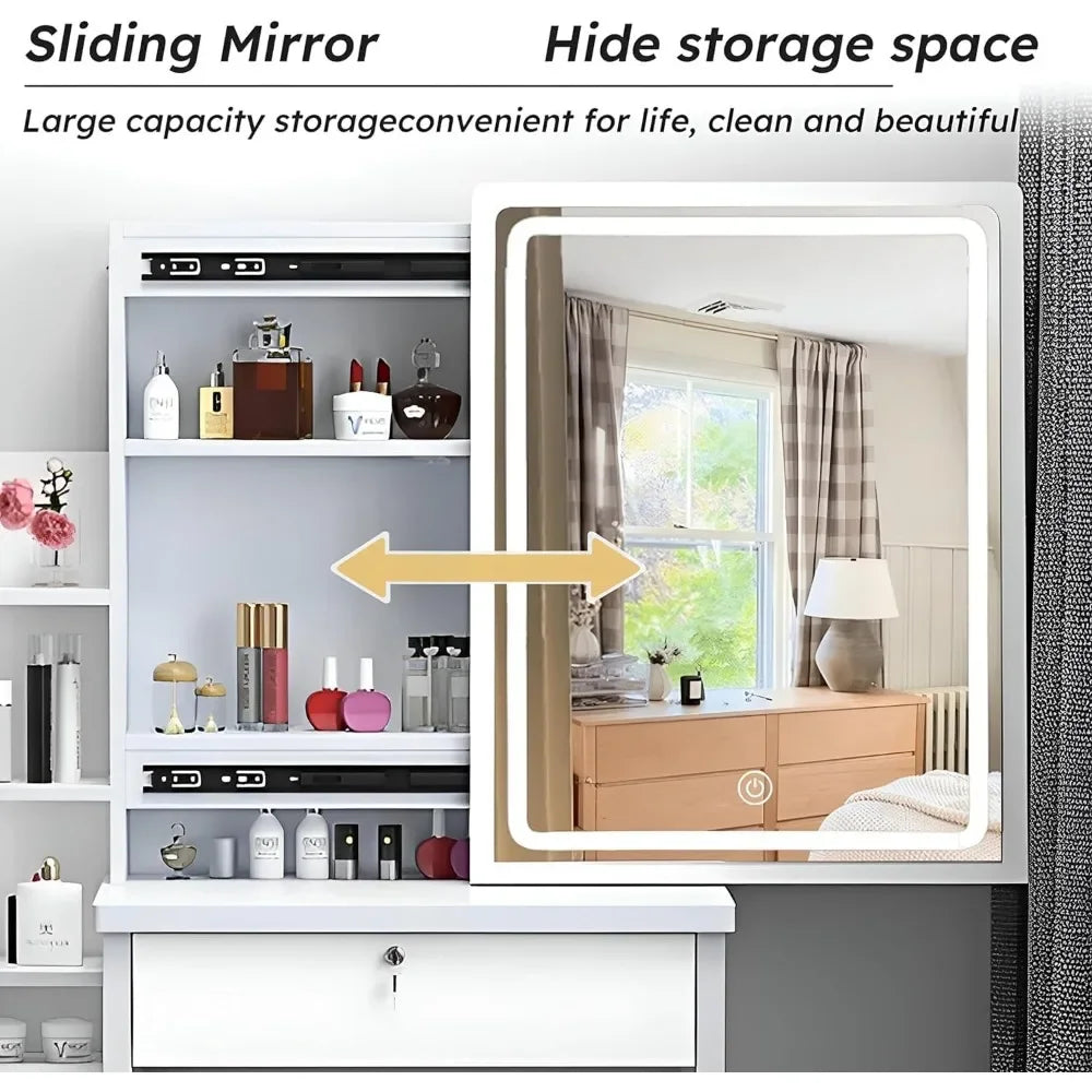 Makeup Vanity Set with Mirror and Light, Storage Drawer, Chair and Shelf, Adjustable Brightness Makeup Vanity with Light