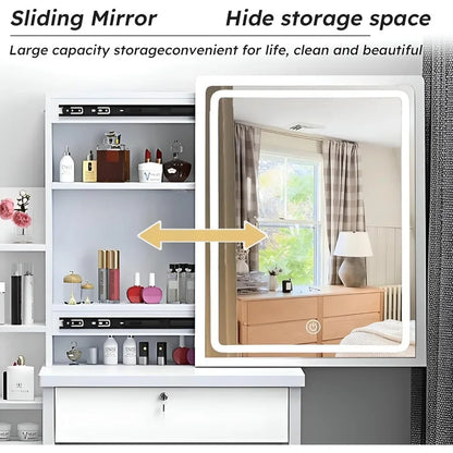 Makeup Vanity Set with Mirror and Light, Storage Drawer, Chair and Shelf, Adjustable Brightness Makeup Vanity with Light