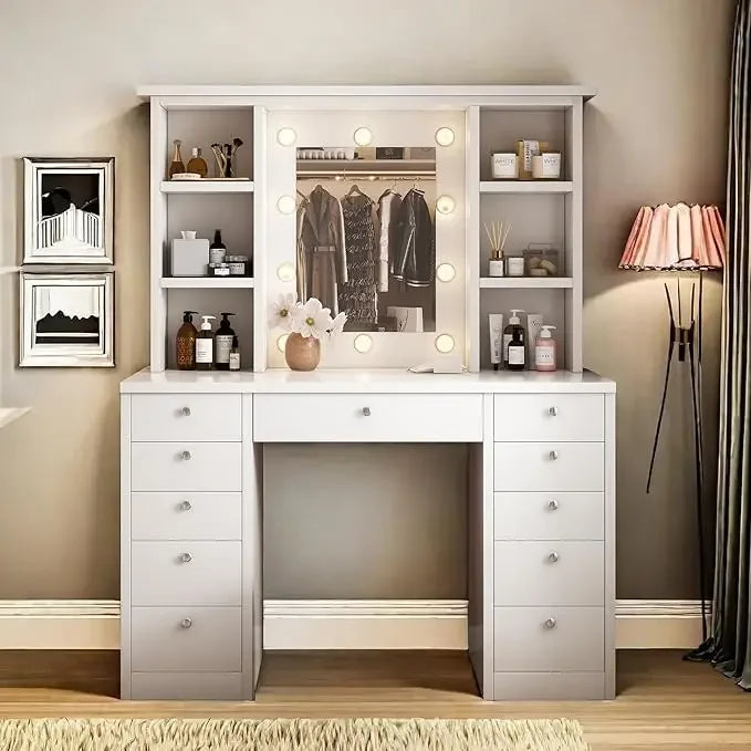 Makeup Vanity Set with Mirror and Light, Storage Drawer, Chair and Shelf, Adjustable Brightness Makeup Vanity with Light