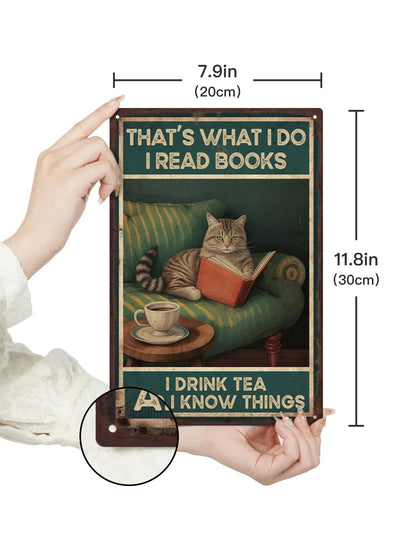 Putuo Decor 1pc Cat Metal Plaque, Retro Wall for Home Bedroom Study Wall Decor 7.9 X 11.8 Inches, Drink Tea