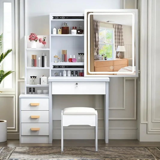 Makeup Vanity Set with Mirror and Light, Storage Drawer, Chair and Shelf, Adjustable Brightness Makeup Vanity with Light
