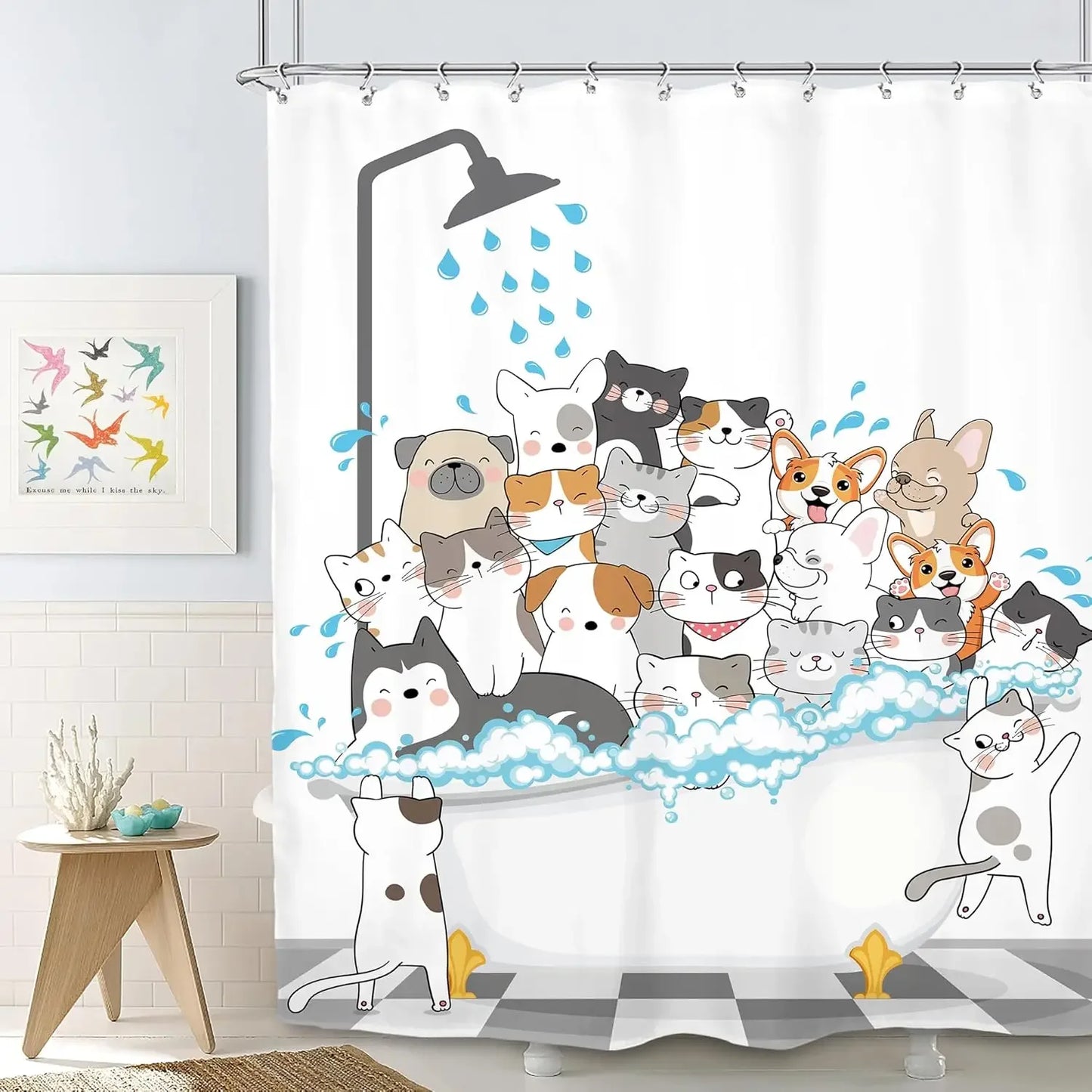 Funny Cat and Dog Shower Curtain with Hooks