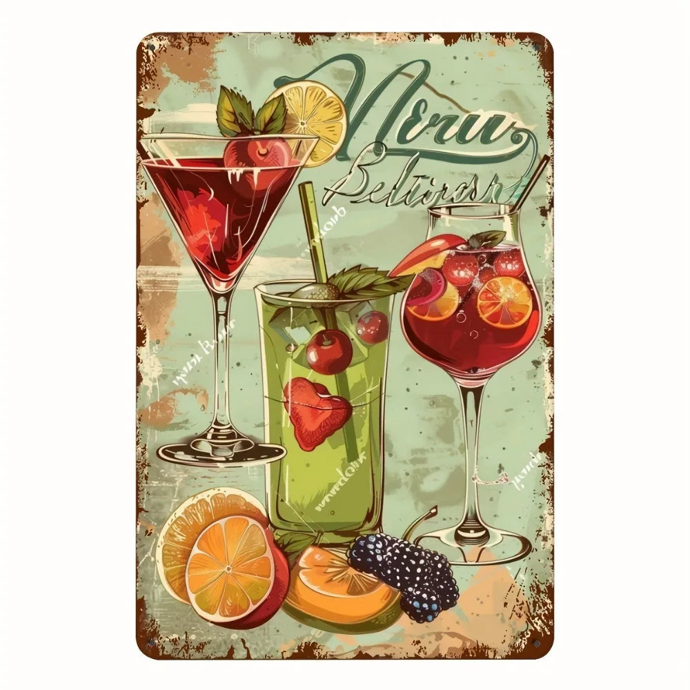 Cocktail Fruit Vintage Tin Painting