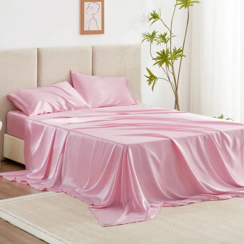 4 Piece Pink Silky Bed Sheets