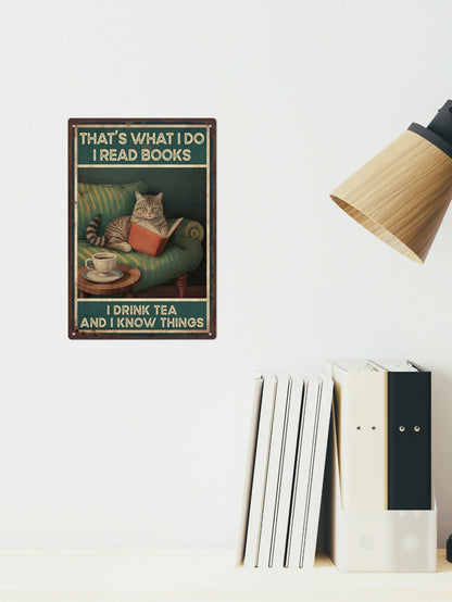 Putuo Decor 1pc Cat Metal Plaque, Retro Wall for Home Bedroom Study Wall Decor 7.9 X 11.8 Inches, Drink Tea