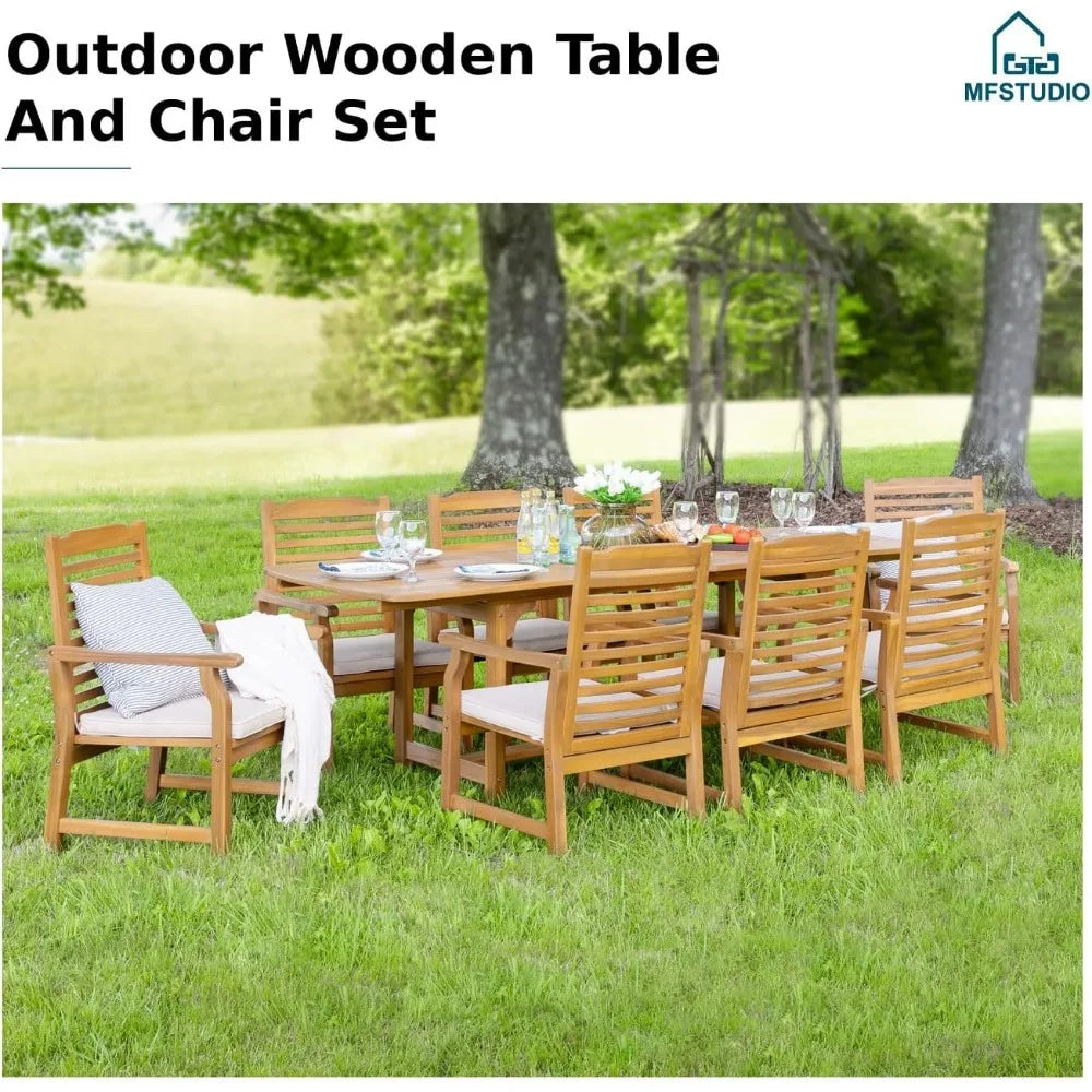 9 Pieces Wood Patio Dining Set, Teak Wooden Outdoor Dining Table Chairs Set for 8, 1 x Rectangular Expandable Table,