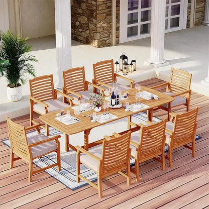 9 Pieces Wood Patio Dining Set, Teak Wooden Outdoor Dining Table Chairs Set for 8, 1 x Rectangular Expandable Table,