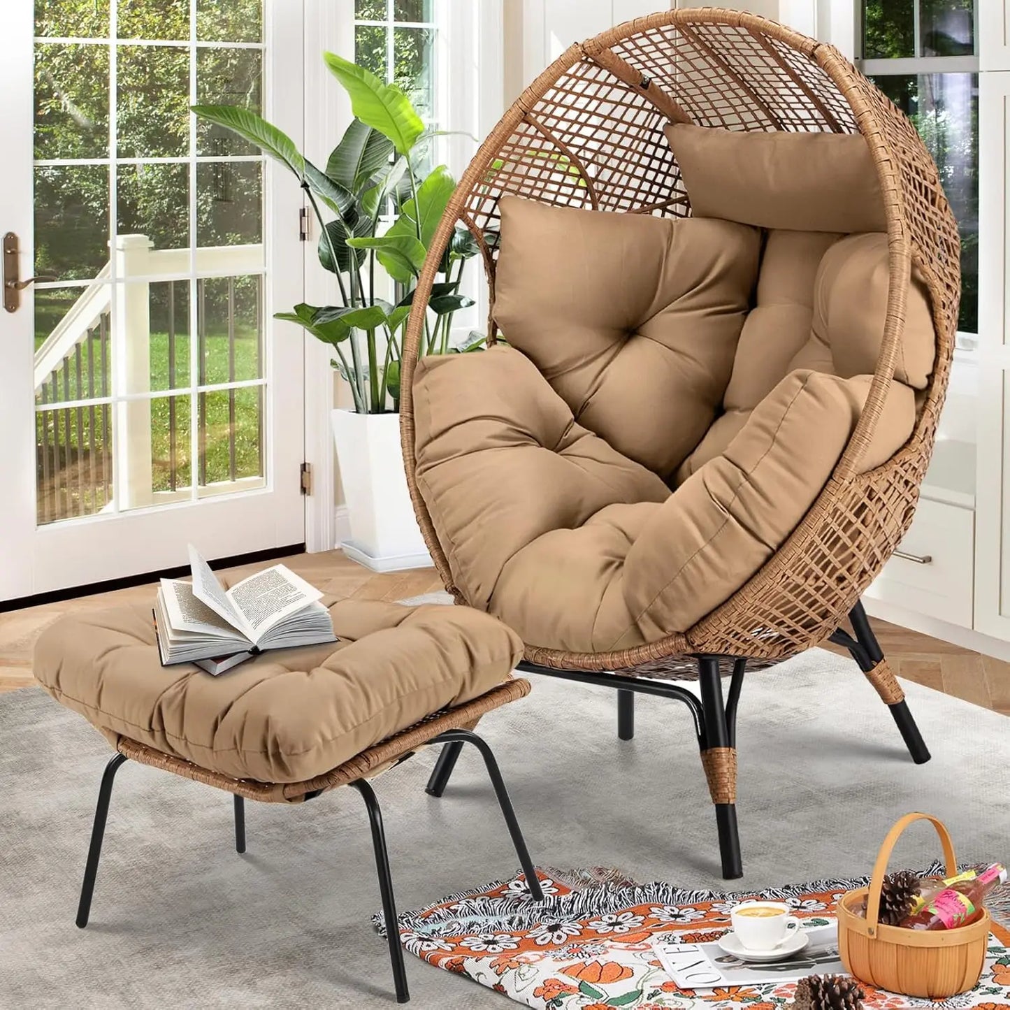 Outdoor Wicker Patio Chair with Ottoman