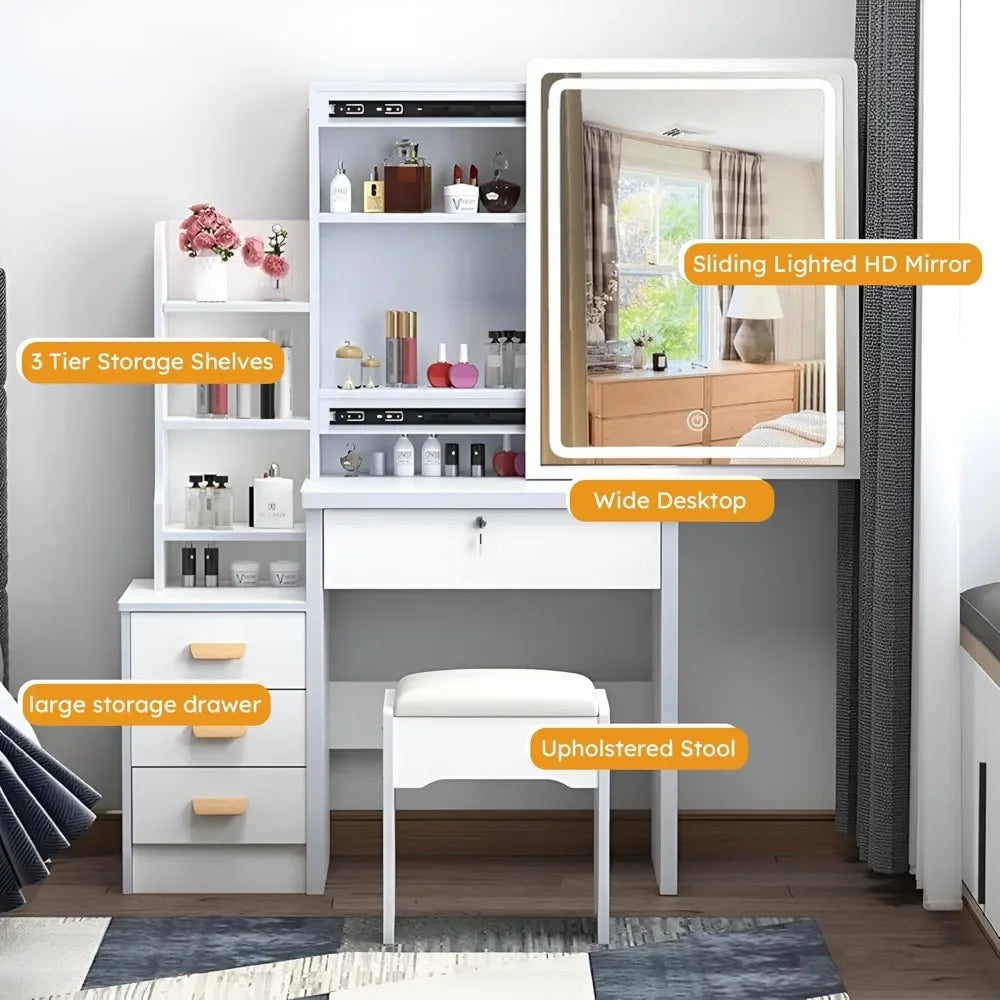Makeup Vanity Set with Mirror and Light, Storage Drawer, Chair and Shelf, Adjustable Brightness Makeup Vanity with Light