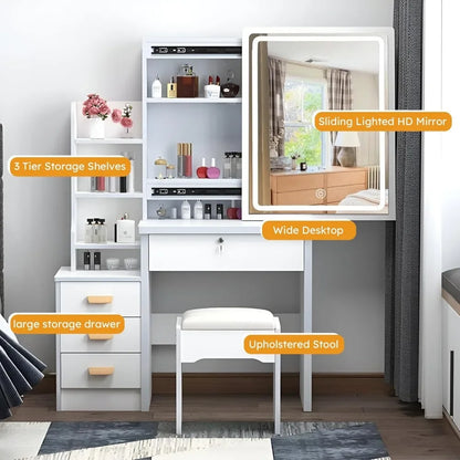 Makeup Vanity Set with Mirror and Light, Storage Drawer, Chair and Shelf, Adjustable Brightness Makeup Vanity with Light