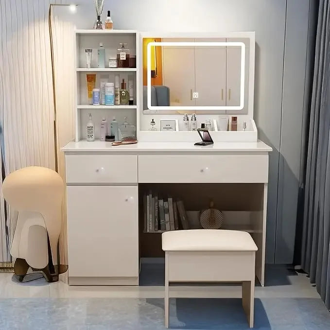 Makeup Vanity Set with Mirror and Light, Storage Drawer, Chair and Shelf, Adjustable Brightness Makeup Vanity with Light