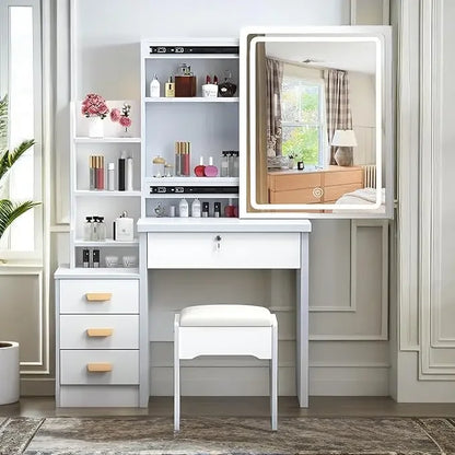 Makeup Vanity Set with Mirror and Light, Storage Drawer, Chair and Shelf, Adjustable Brightness Makeup Vanity with Light