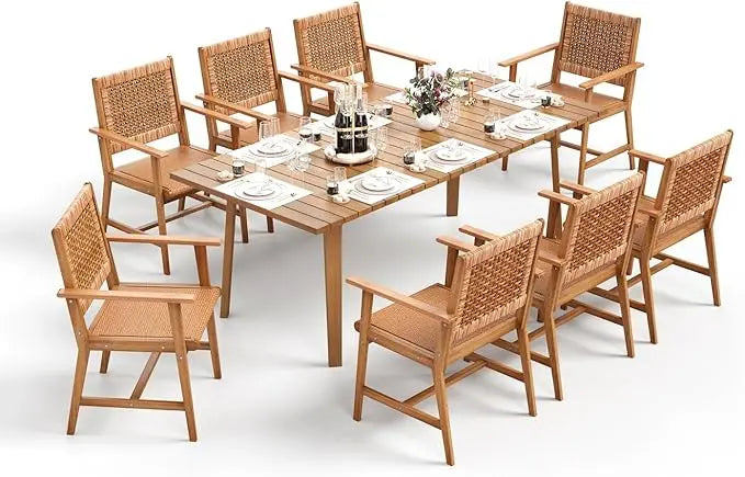 9 Pieces Wood Patio Dining Set, Teak Wooden Outdoor Dining Table Chairs Set for 8, 1 x Rectangular Expandable Table,