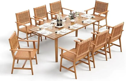 9 Pieces Wood Patio Dining Set, Teak Wooden Outdoor Dining Table Chairs Set for 8, 1 x Rectangular Expandable Table,