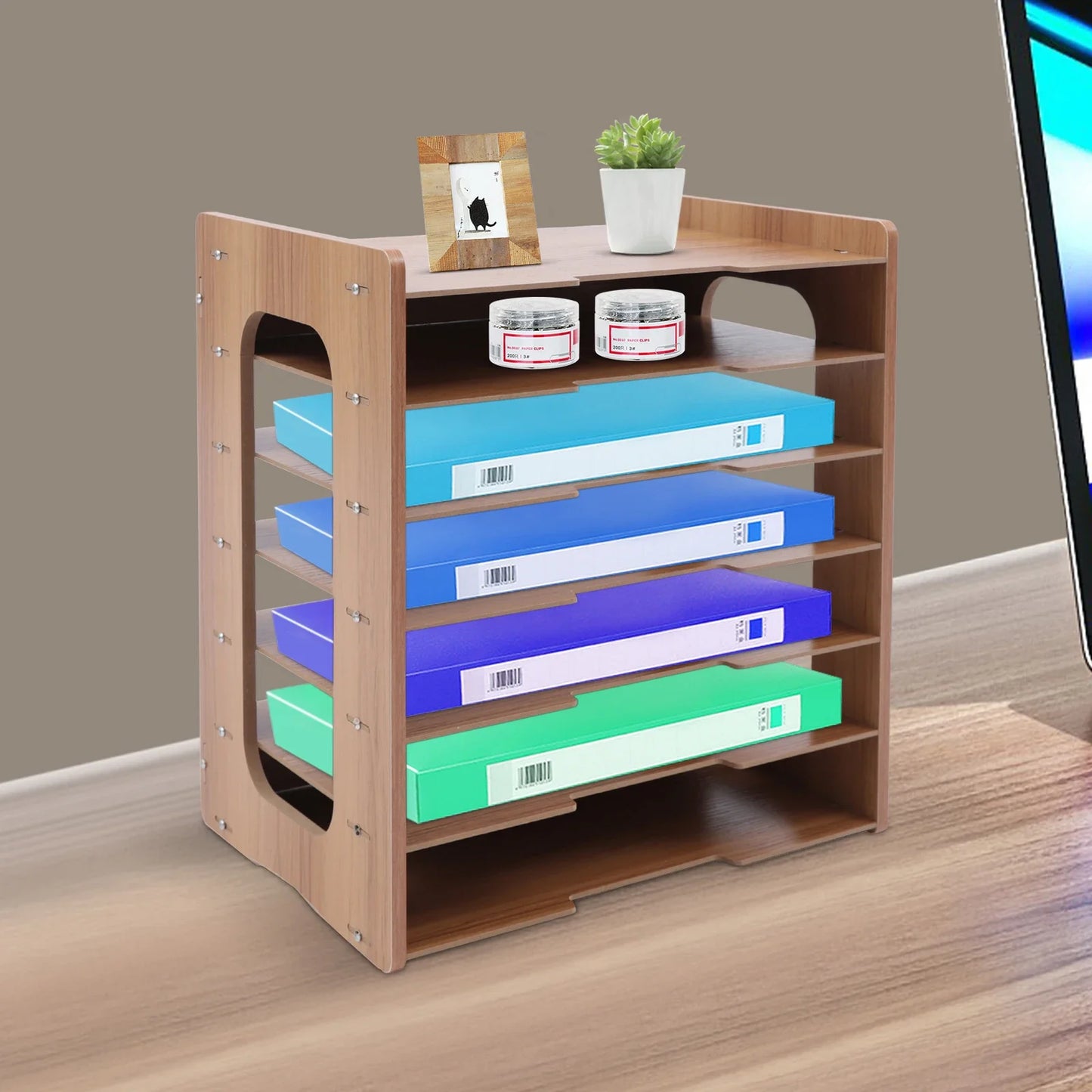 Desk File Organizer Wood Holder Office A4 Paper Letter Tray Document Storage Wood 7 Tiers Desktop Magazine Storage Rack holder