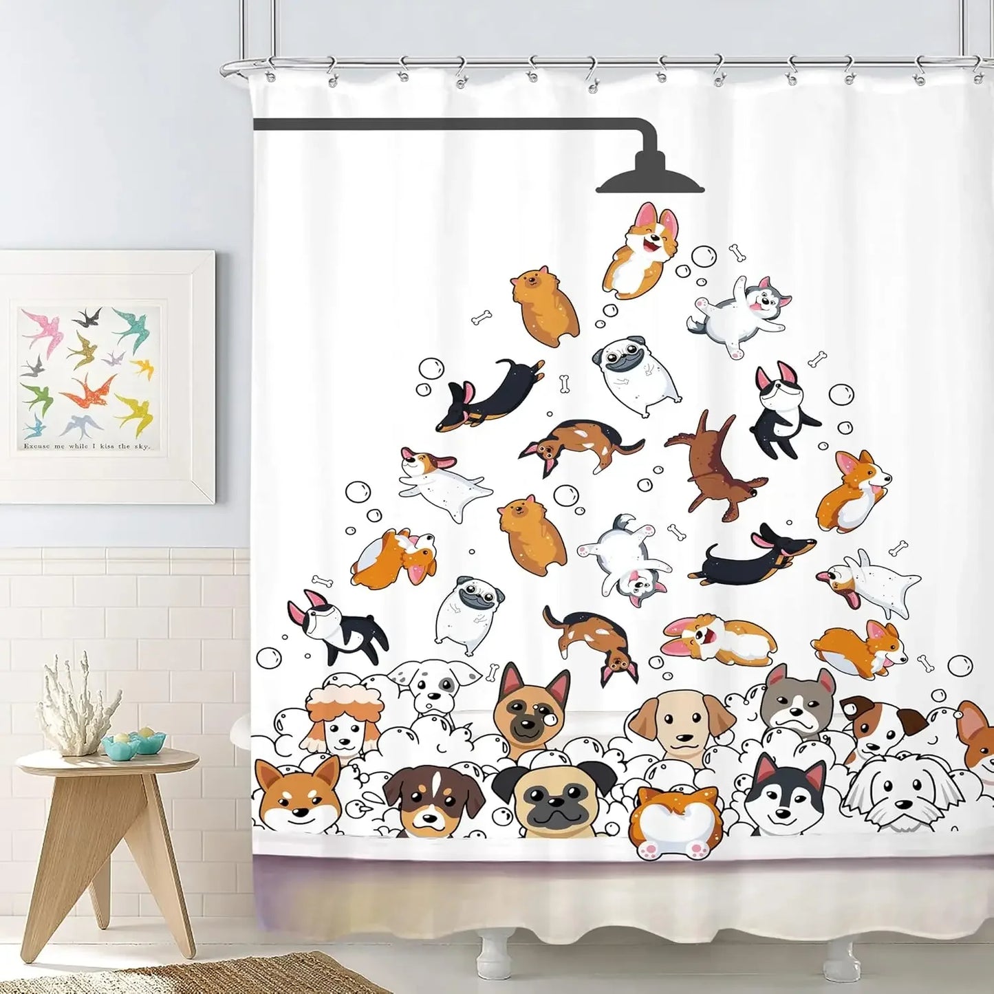 Funny Cat and Dog Shower Curtain with Hooks