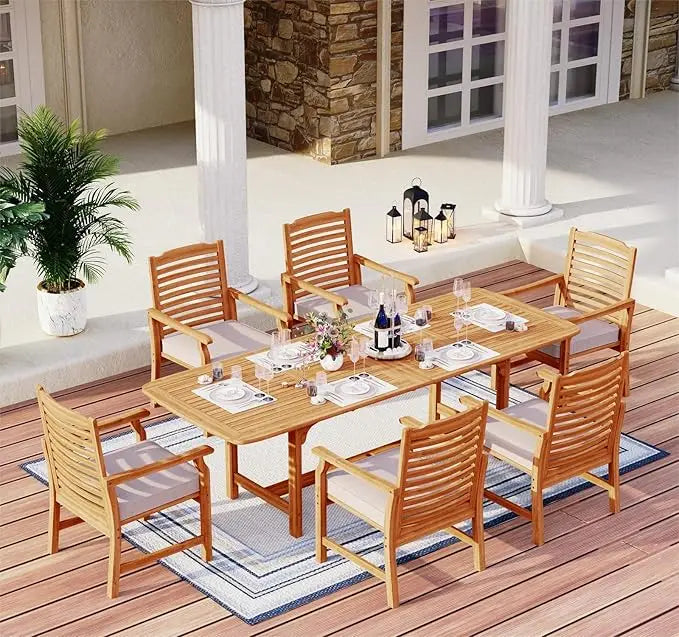 9 Pieces Wood Patio Dining Set, Teak Wooden Outdoor Dining Table Chairs Set for 8, 1 x Rectangular Expandable Table,