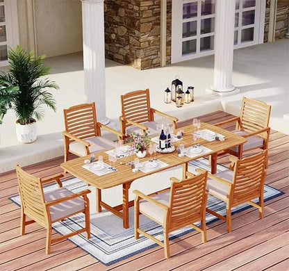 9 Pieces Wood Patio Dining Set, Teak Wooden Outdoor Dining Table Chairs Set for 8, 1 x Rectangular Expandable Table,